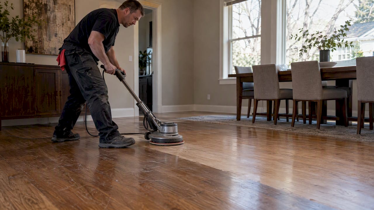 Technician screening a worn hardwood floor