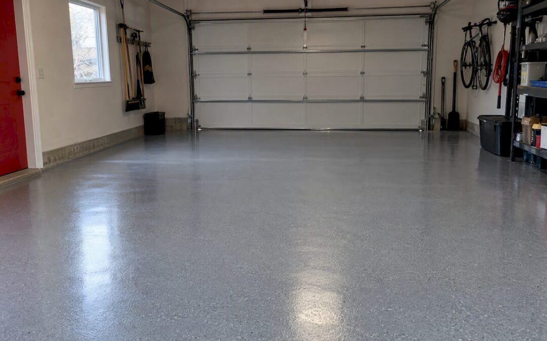 Fresh epoxy coating curing on garage floor
